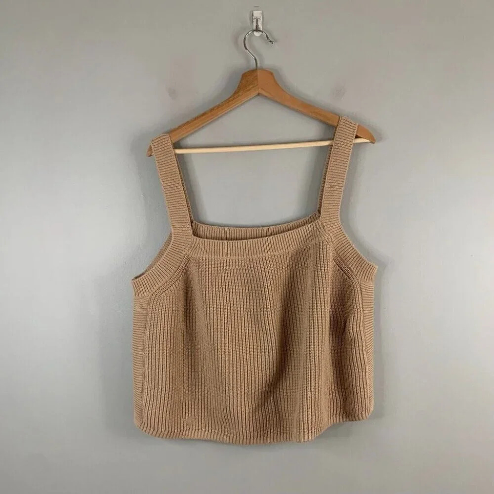 Reformation Beige Brown Knit Square Neck Tank Top Organic Cotton Crop 2X XXL